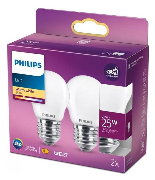 Set de 2 becuri LED Philips P45, soclu E27, 2,2W/230V, 2700K