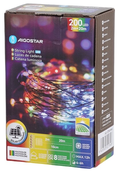 Aigostar - Ghirlandă solară LED 200 LED/8 funcții, 22 m, IP65, multicoloră, 800 mAh