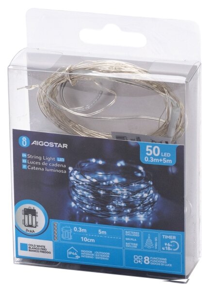 Aigostar – Ghirlandă LED, 50 LED, alimentare 3x AA, 5,3 m, lumină alb rece