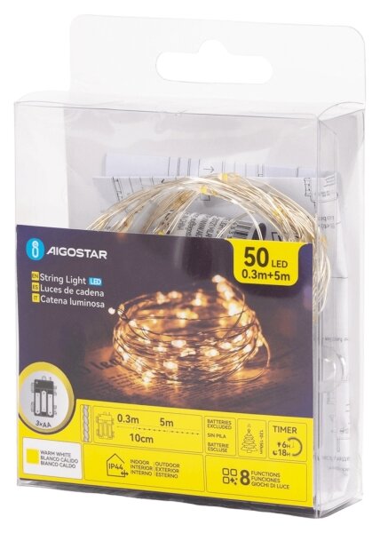 Aigostar - Ghirlandă LED 50xLED/3xAA 5,3 m alb cald