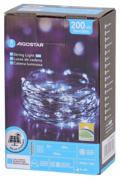 Aigostar - Ghirlandă solară LED, 200 LED, 8 funcții, 22 m, IP65, alb rece, 800 mAh