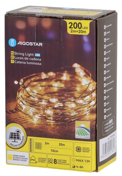 Aigostar - Ghirlandă solară LED 200xLED/8 funcții 22m IP65 alb cald 800 mAh