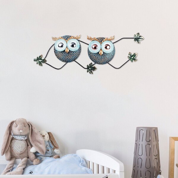 Decoratiune perete OWL 3, abastru/auriu, metal, 77x28 cm