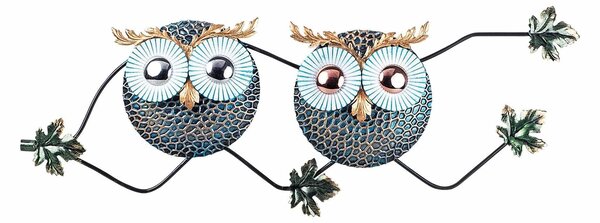 Decoratiune perete OWL 3, abastru/auriu, metal, 77x28 cm
