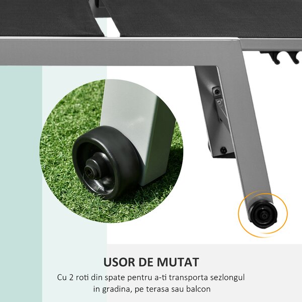 Outsunny Sezlong Pliabil pentru Plajă cu Burete în Textilene, Design Ergonomic, Ușor de Transportat, Negru și Argintiu | Aosom Romania