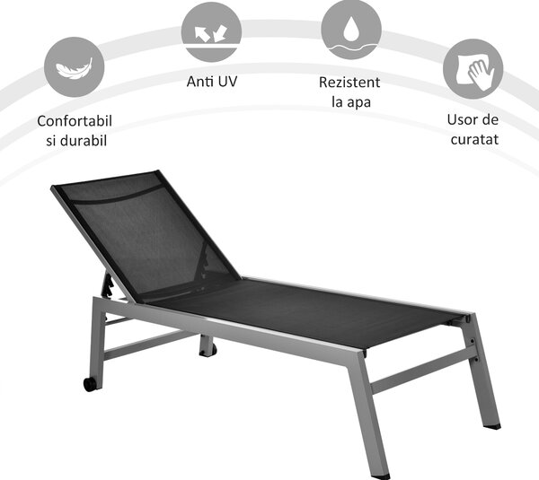 Outsunny Sezlong Pliabil pentru Plajă cu Burete în Textilene, Design Ergonomic, Ușor de Transportat, Negru și Argintiu | Aosom Romania
