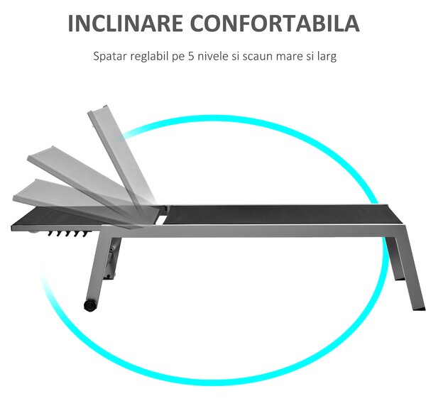 Outsunny Sezlong Pliabil pentru Plajă cu Burete în Textilene, Design Ergonomic, Ușor de Transportat, Negru și Argintiu | Aosom Romania