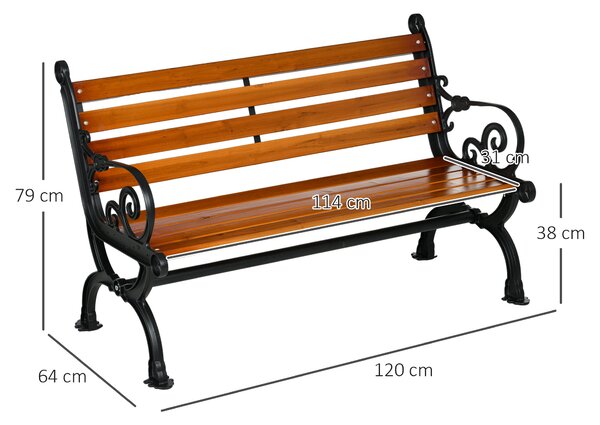 Outsunny Bancă de Exterior cu Cadru din Aluminiu, Scaun cu Două Locuri cu Cotieră Curbată, Șezut și Spătar din Lemn, 120x64x79 cm, Tec | Aosom Romania