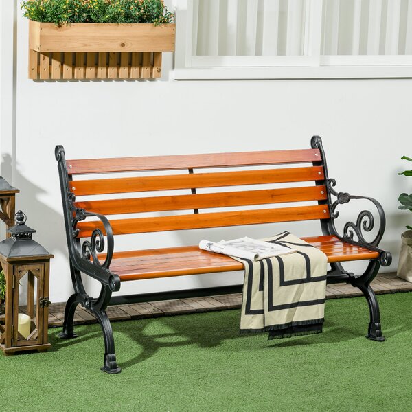 Outsunny Bancă de Exterior cu Cadru din Aluminiu, Scaun cu Două Locuri cu Cotieră Curbată, Șezut și Spătar din Lemn, 120x64x79 cm, Tec | Aosom Romania