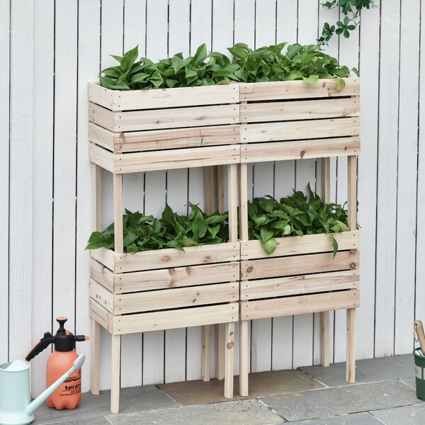 Outsunny Jardiniera Ridicata Lemn Natural, Suport 4 Ghivece Plante, Design Exterior 50x30x60cm | Aosom Romania