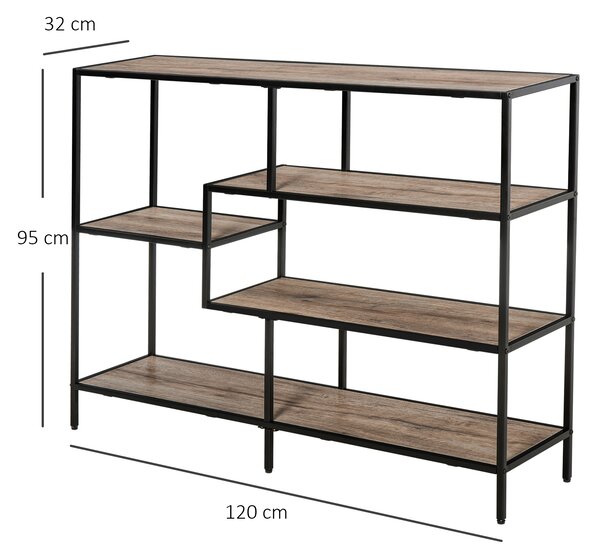 HOMCOM Raft Biblioteca din Lemn Culoare Stejar cu 5 Rafturi, Sistem Controlul Stabilitatii, Cadru din Metal Negru 120x32x95cm | Aosom Romania