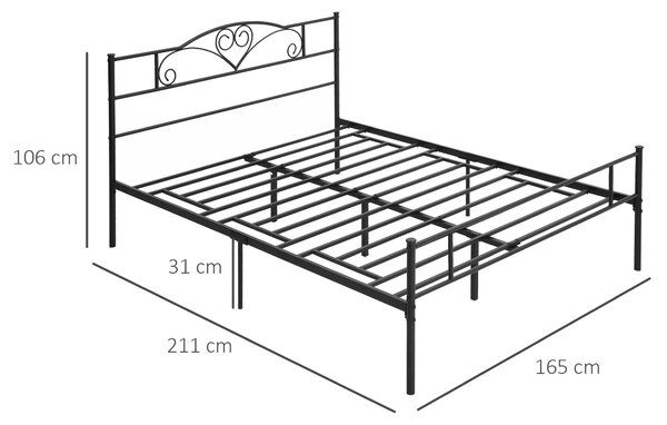 HOMCOM Structura Pat Matrimonial din Otel 160x200cm cu Sipci Integrate, Tetiera si Tablie, Spatiu de Depozitare, Negru | Aosom Romania