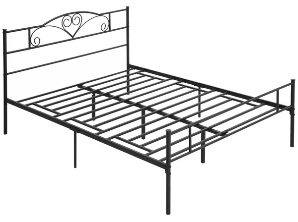 HOMCOM Structura Pat Matrimonial din Otel 160x200cm cu Sipci Integrate, Tetiera si Tablie, Spatiu de Depozitare, Negru | Aosom Romania