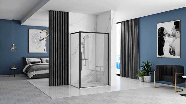 Rea Solar Black Mat, duș dreptunghiular cu ușă glisantă 90 (uşă) x 90 (perete) cm, sticlă transparentă de 6 mm, profil negru, REA-K6412