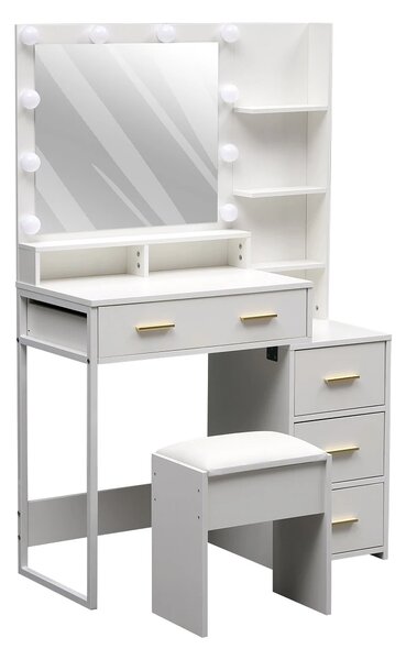 Set FREYA, Masă de toaletă pentru machiaj cu scaun, oglindă 10 becuri LED, iluminare reglabila, sertare, rafturi, modul incarcare dubla priza+USB, Alb