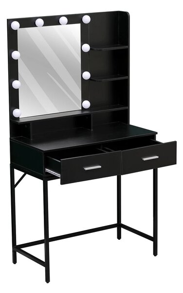 Set ELINORE, Masa de toaleta pentru machiaj, cadru metalic, oglinda iluminata 10 becuri LED, 2 sertare, separatoare, rafturi, scaun, Negru