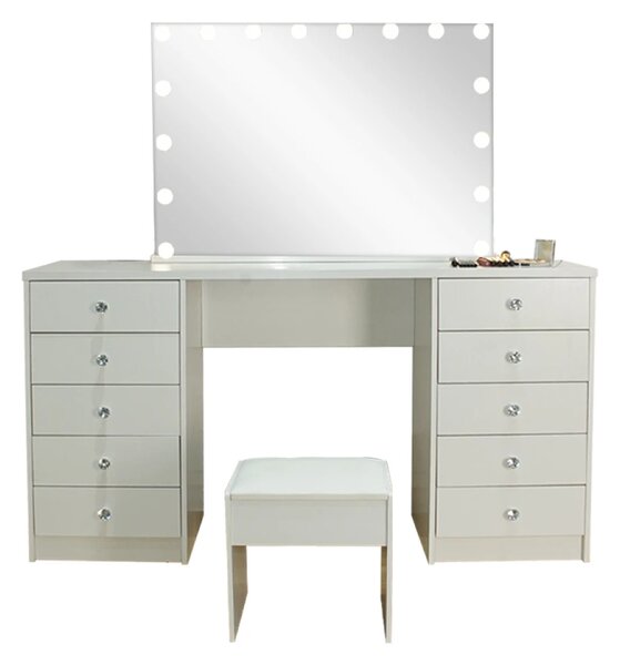 Set VENUS, Masă de toaletă pentru machiaj, oglindă iluminată LED, trei tipuri culoare, control touch, incarcare USB, 10 sertare, Alb