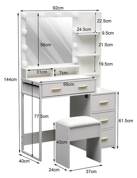 Set FREYA, Masă de toaletă pentru machiaj cu scaun, oglindă 10 becuri LED, iluminare reglabila, sertare, rafturi, modul incarcare dubla priza+USB, Alb