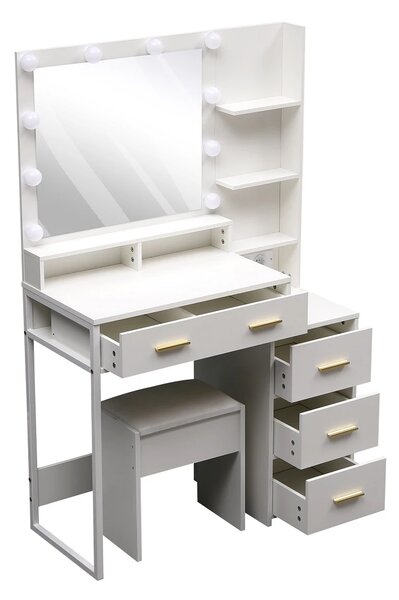 Set FREYA, Masă de toaletă pentru machiaj cu scaun, oglindă 10 becuri LED, iluminare reglabila, sertare, rafturi, modul incarcare dubla priza+USB, Alb