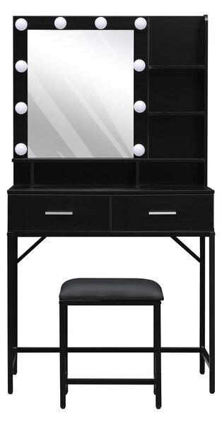 Set ELINORE, Masa de toaleta pentru machiaj, cadru metalic, oglinda iluminata 10 becuri LED, 2 sertare, separatoare, rafturi, scaun, Negru