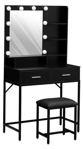 Set ELINORE, Masa de toaleta pentru machiaj, cadru metalic, oglinda iluminata 10 becuri LED, 2 sertare, separatoare, rafturi, scaun, Negru
