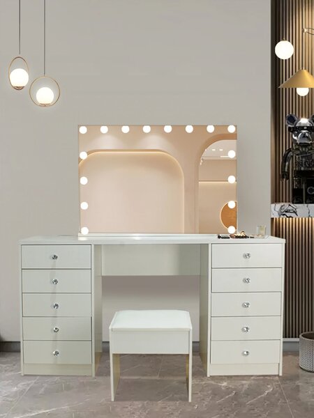 Set VENUS, Masă de toaletă pentru machiaj, oglindă iluminată LED, trei tipuri culoare, control touch, incarcare USB, 10 sertare, Alb