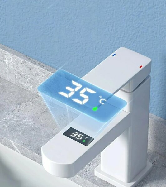 Baterie lavoar cu afisaj LCD, buton tactil, control temperatura apa prin touch, oțel inoxidabil, Alb, F05