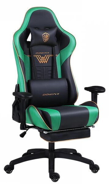 DOWINX Scaun gaming, ergonomic, pernă lombară cu masaj, suport pentru picioare, piele PU matlasata, respirabila, cotiere 4D, rezistent 150 kg, Negru/Verde