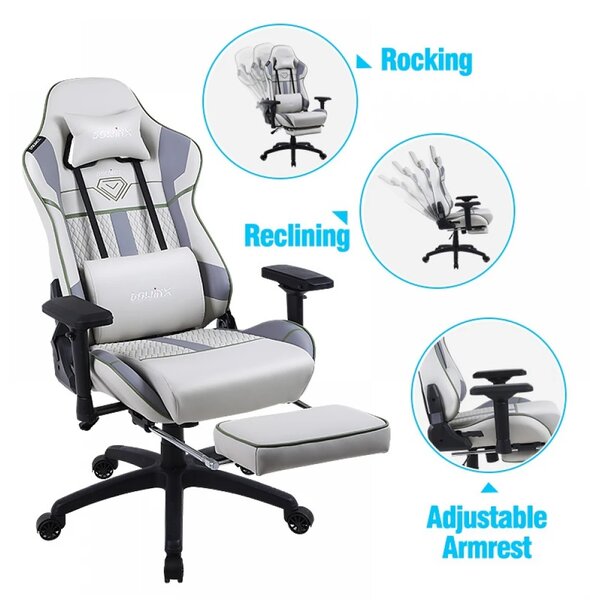 DOWINX Scaun gaming, ergonomic, pernă lombară cu masaj, suport pentru picioare, piele PU matlasata, respirabila, cotiere 4D, rezistent 150 kg, Gri