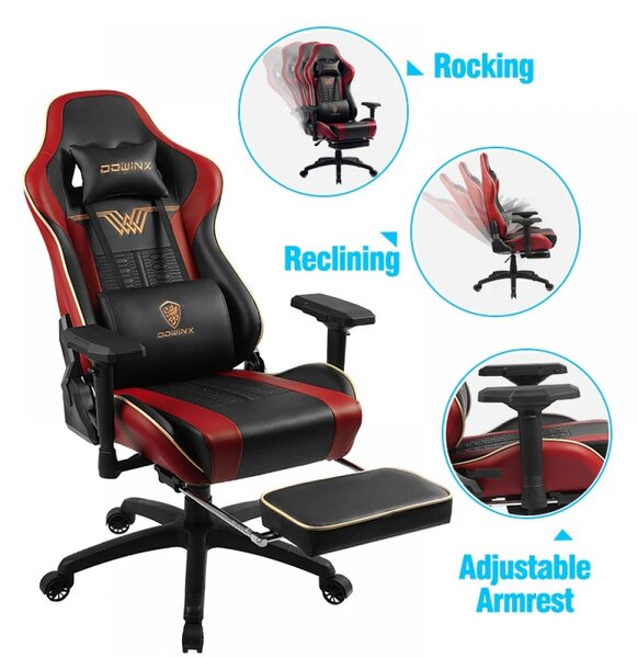 DOWINX Scaun gaming, ergonomic, pernă lombară cu masaj, suport pentru picioare, piele PU matlasata, respirabila, cotiere 4D, rezistent 150 kg, Negru/Rosu