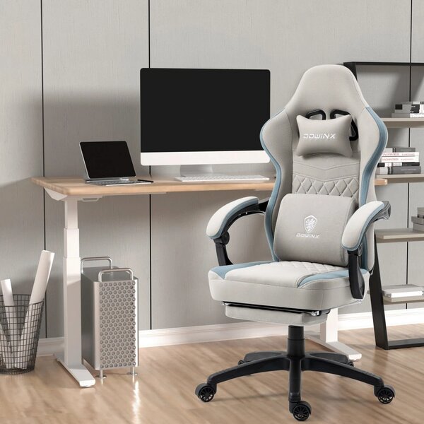 DOWINX Scaun gaming, ergonomic, suport lombar cu masaj, Șezut cu Arcuri Metalice și Spumă, Spătar înalt, rabatabil 90°-135°, Buzunar depozitare, Suport picioare, rezistent 150 kg, material respirabil, Gri