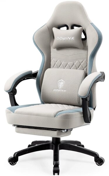 DOWINX Scaun gaming, ergonomic, suport lombar cu masaj, Șezut cu Arcuri Metalice și Spumă, Spătar înalt, rabatabil 90°-135°, Buzunar depozitare, Suport picioare, rezistent 150 kg, material respirabil, Gri