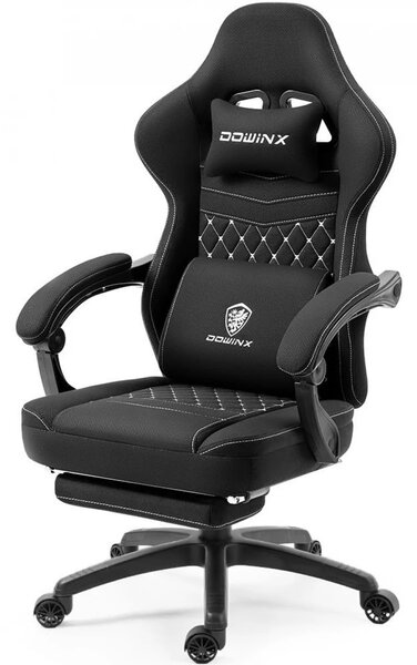 DOWINX Scaun gaming, ergonomic, suport lombar cu masaj, Șezut cu Arcuri Metalice și Spumă, Spătar înalt, rabatabil 90°-135°, Buzunar depozitare, Suport picioare, rezistent 150 kg, material respirabil, Negru
