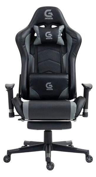 Scaun gaming cu masaj în perna lombară, suport picioare, piele PU, Negru/Gri