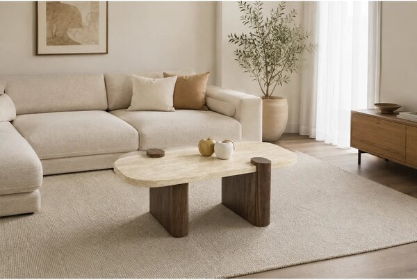 Masuta cafea CANOA, travertin/nuc, 120x70x43 cm