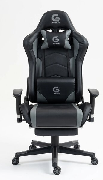 Scaun gaming cu masaj în perna lombară, suport picioare, piele PU, Negru/Gri