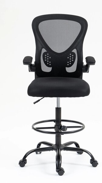 Scaun ergonomic de lucru, brate rabatabile, suport lombar, rotativ, înaltime reglabila, inel de sprijin pentru picioare reglabil, spatar mesh, Negru