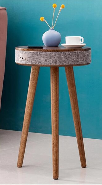 MOBHomeWood, Măsuța inteligentă de cafea, cu boxe încorporate, Bluethooth, încărcare Wireless și USB, design minimalist, Gri/Lemn
