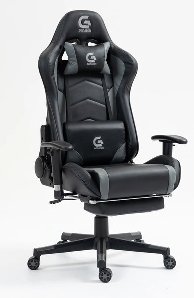 Scaun gaming cu masaj în perna lombară, suport picioare, piele PU, Negru/Gri