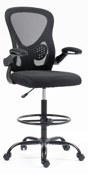 Scaun ergonomic de lucru, brate rabatabile, suport lombar, rotativ, înaltime reglabila, inel de sprijin pentru picioare reglabil, spatar mesh, Negru
