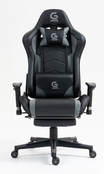Scaun gaming cu masaj în perna lombară, suport picioare, piele PU, Negru/Gri