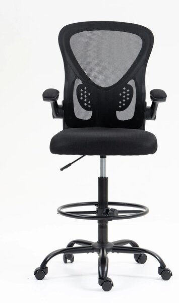 Scaun ergonomic de lucru, brate rabatabile, suport lombar, rotativ, înaltime reglabila, inel de sprijin pentru picioare reglabil, spatar mesh, Negru