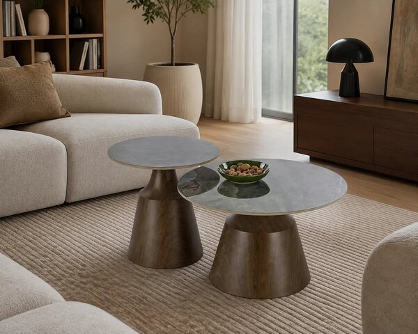 Set 2 masute cafea TOWER, maro cu efect de marmura/nuc