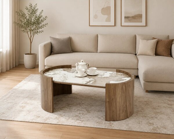 Masuta cafea NICOSIA, bej/nuc, piatra sinterizata, 121x61x45 cm