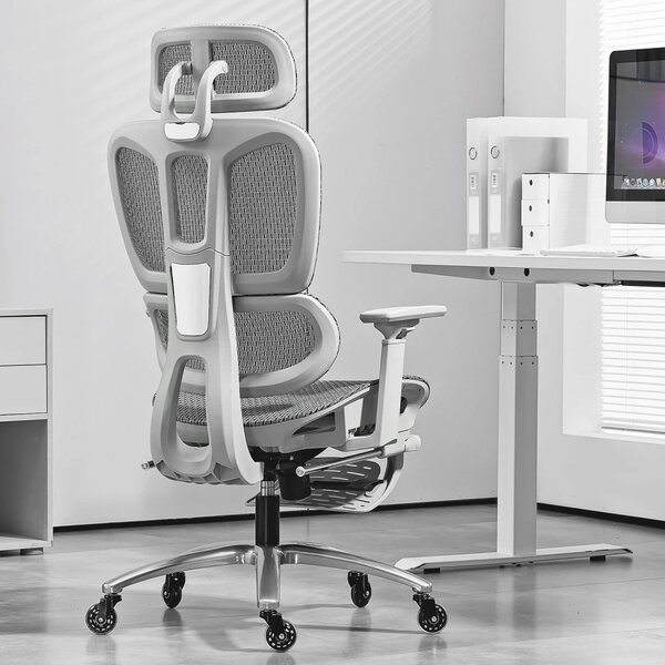 METACHAIR Scaun ergonomic, cotiere 3D, suport picioare, Full Mesh, Gri