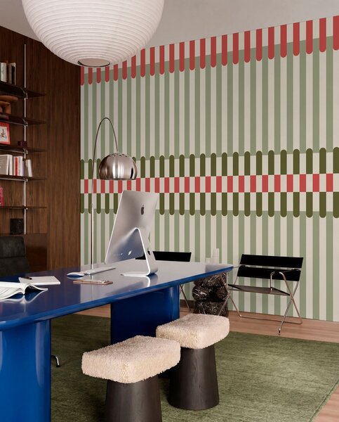 Tapet Model în dungi în nuanțe de verde și coral, Fototapet Geometrie, w05150v4 : Uwalls.ro