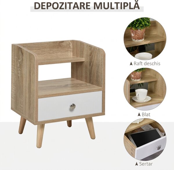 HOMCOM Noptieră cu Sertar și Raft, Mobilier Compact pentru Dormitor sau Sufragerie, Economie Spațiu, Lemn, Alb | Aosom Romania