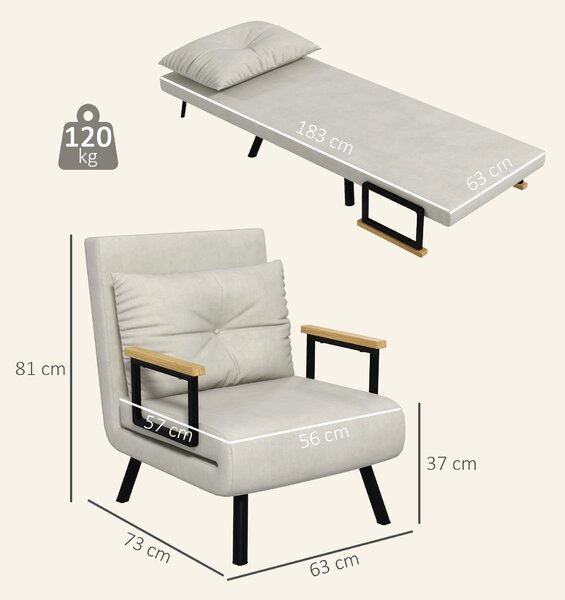 HOMCOM Canapele Extensibile Individuală Alb Crem 63x73x81 cm cu Pernă Extensibilă pe 5 Nivele | Aosom Romania