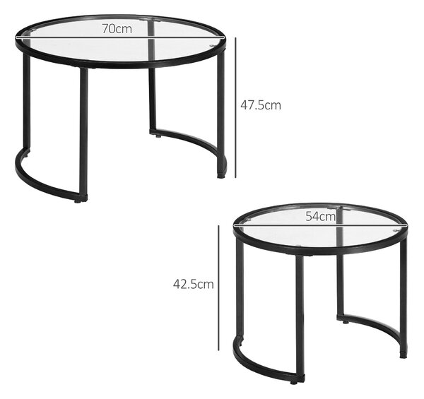 HOMCOM Set de 2 Mese de Cafea Suprapozabile din Sticlă și Oțel, Ø70x47.5 cm și Ø54x42.5 cm, Negru | Aosom Romania