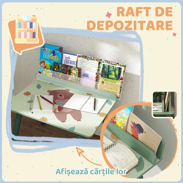 AIYAPLAY Birou Copii cu Raft pentru Depozitare din MDF și Lemn de Pin, cu Masă și Scaun, 60x48x53.5 cm, Verde | Aosom Romania